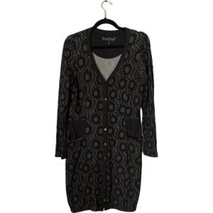 Backstage black long line cardigan with floral design. Size medium